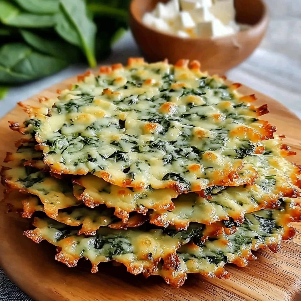 Mediterranean Spinach and Feta Crisps served with tzatziki and lemon wedge